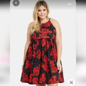 Torrid Black with Red Roses Sleeveless High-Neck Skater Dress in Size 18